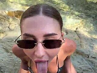 Beach stranger deepthroats huge cock cum face tits