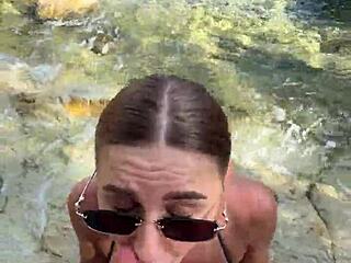 Beach stranger deepthroats huge cock cum face tits