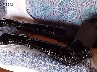 petite milf in total black fishnets pantyhose knee boots