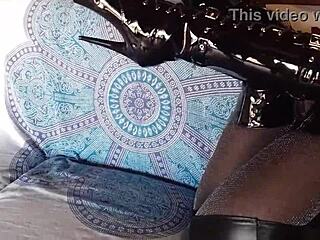 petite milf in total black fishnets pantyhose knee boots