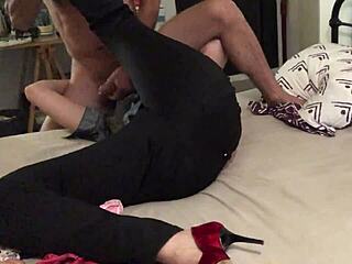 French retro vixen in green leather pants rims ass pov doggystyle