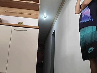 risky kitchen fuck with friend's huge cock while husband showers