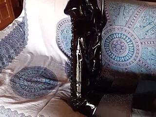 petite milf in total black fishnets pantyhose knee boots