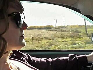 Sexy blonde milf flashes hairy pussy and big natural tits from car in stockings heels asking directions publicly.