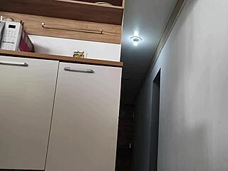 risky kitchen fuck with friend's huge cock while husband showers