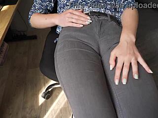 Naughty milf colleague flashes big pussy lips cameltoe teasing tight jeans up close
