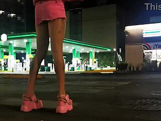 Crossdressing trans exhibits short skirt panties