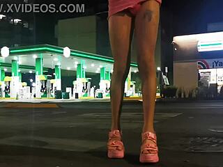 Crossdressing trans exhibits short skirt panties