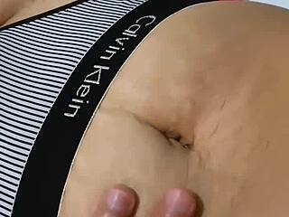 Wanna dive deep into her sexy natural tits and belly?