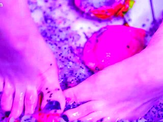 Bare Latina Toes Crush Juicy Redhead Pussy Fruit Close-Up