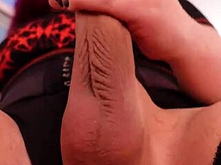 Big cock tranny strokes to close-up chubby ass cumshot