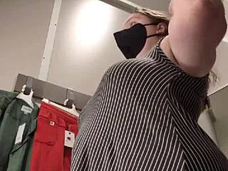 chubby brunette realizes wrong bra size in dressing room