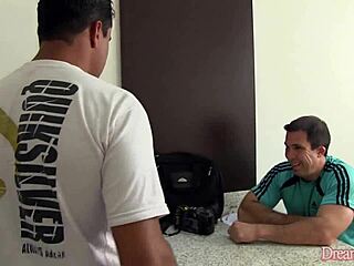 hot tranny melyna merli gorges on two throbbing cocks