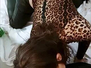 french milf in red satin leopard bodysuit black leather pants heels deepthroats rims doggystyles pov 🔥🍑👠