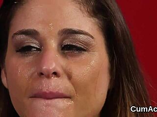 wanna watch this sexy slut swallow every drop from massive bukkake facial?