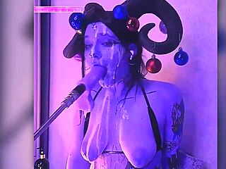 devil cosplay babe filled with cum moans passionately deepthroating huge dildo