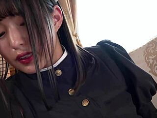 133cm petite maid cosplay masturbates dildo tan lines small tits japanese