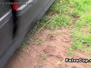 Tattooed babe pounds it in public police car backseat