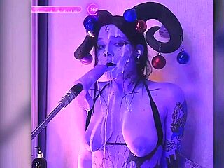 devil cosplay babe filled with cum moans passionately deepthroating huge dildo