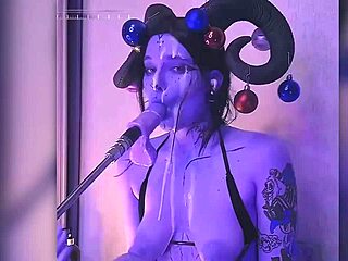 devil cosplay babe filled with cum moans passionately deepthroating huge dildo