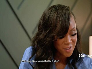 august skye gropes sarah arabic's huge ebony tits in pilates massage