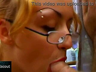 Blonde slut with glasses sucks and fucks hard