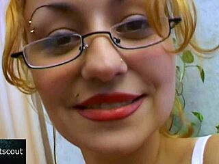 Blonde slut with glasses sucks and fucks hard