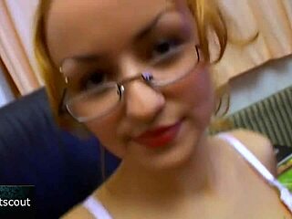 Blonde slut with glasses sucks and fucks hard