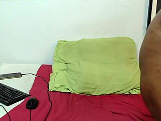 Curvy ebony babe spreads wet pussy lips with huge dildo in lingerie solo play