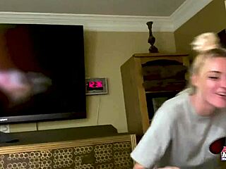 Skinny blonde Sassy strips teases cock and tits