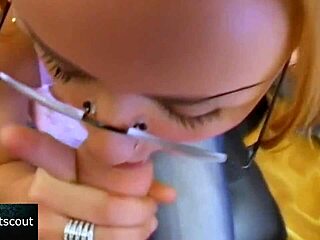 Blonde slut with glasses sucks and fucks hard