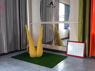 regina noir flows through yoga poses in yellow tights at the gym sans panties