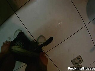 Fucking Glasses-Wearing Shaved Pussy Coed in Public Restroom Doggystyle Blowjob Cumshot Orgasm