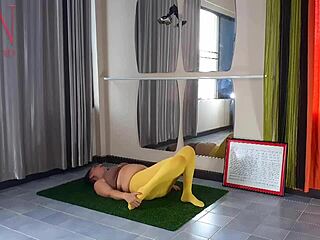 regina noir flows through yoga poses in yellow tights at the gym sans panties