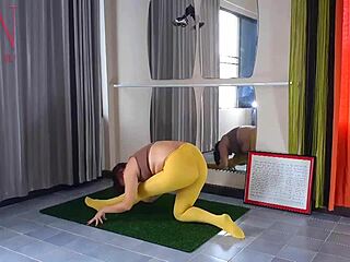 regina noir flows through yoga poses in yellow tights at the gym sans panties