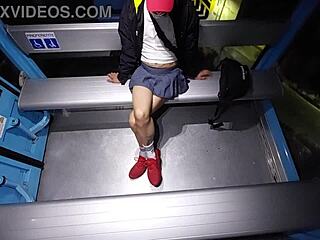 tranny pulls out cock on cablebus skirt up outdoor exhibit?