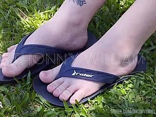 Podolatra Couple Flashes Pale Pink Feet Outdoors