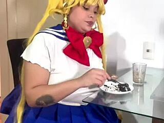 Chubby Sailor Moon Cosplay Babe Rips Off Skirt for Nasty Farts