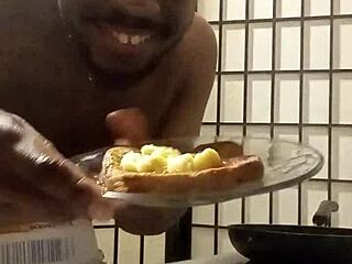 in the kitchen after dark llamasr cooks with big black cock bananas smashing her huge tits everywhere