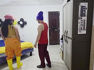 homeless hitchhiker eats banana during outdoor doggy anal