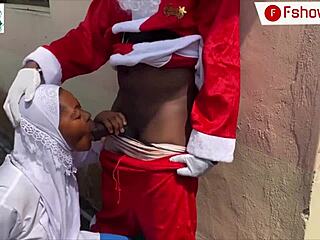 santa claus strokes long dick then gifts it to wet ebony pussy