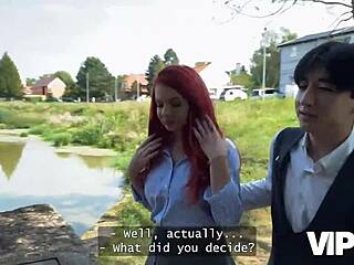 sexy redhead miss olivia teases in red lingerie then fucks hard publicly while bf watches 😈🍆💦