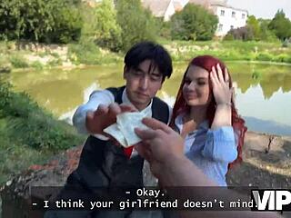 sexy redhead miss olivia teases in red lingerie then fucks hard publicly while bf watches 😈🍆💦