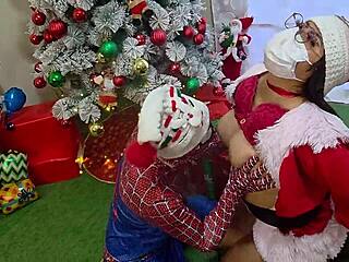Delicious Squirt Fest: Two Beautiful Stepsisters Fuck Spider-Man at Christmas