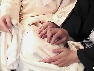 japanese mature milf in costume chats dirty while sucking client cock and swallowing cum