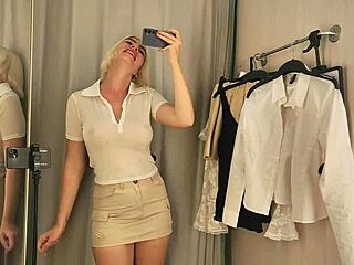 sexy blonde teacher uniform flashes big tits pussy in changing room