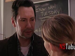 tiny cheerleader fulfills her teacher's classroom fantasy at the desk