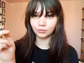 Goddess with big bare lips smokes cigarette while teasing you POV?