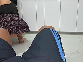 stepson grabs stepmom's big ass in kitchen. he fucks her hairy pussy doggystyle hard.