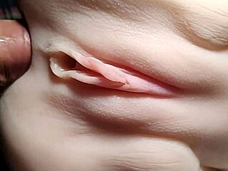 Close-up doll double penetration stretches shaved pussy wide